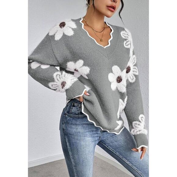 Women's Oversized V Neck Fuzzy Sweaters Grey Loose Long Sleeve Top - Picture 2 of 9